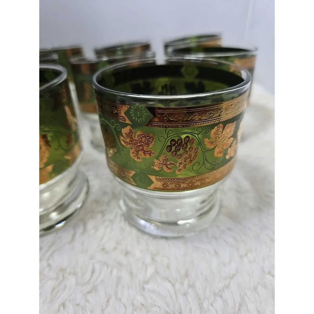 8 Cera Golden‎ Grapes Double Old Fashioned Footed Tumbler Glasses MCM Green Gold